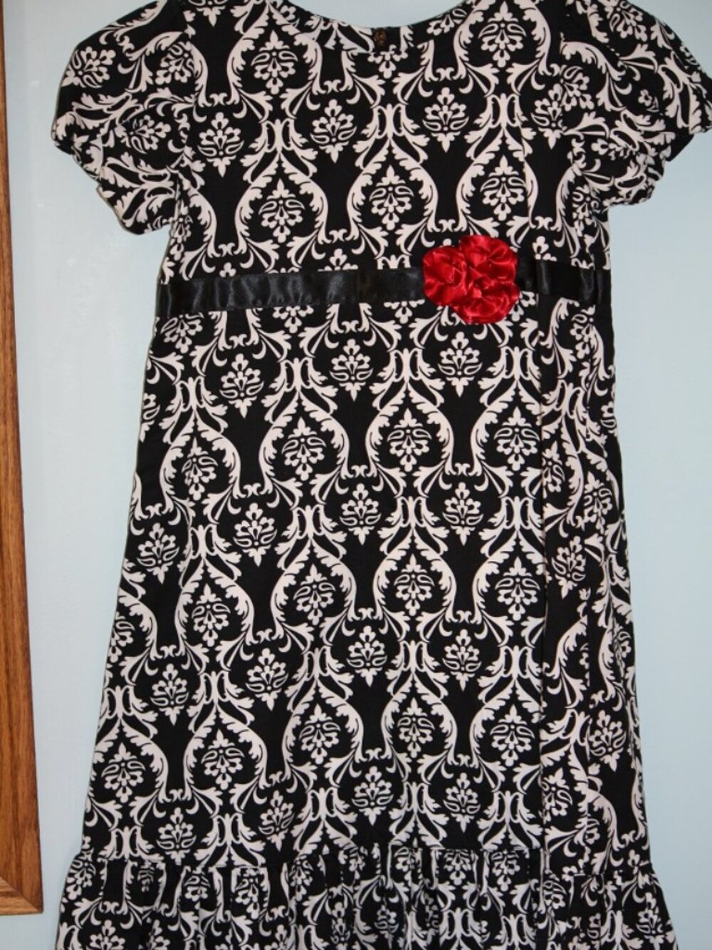 Hanna Andersson Size 120 EU 6-7 US Damask Black & White Red Rose A-Line Dress